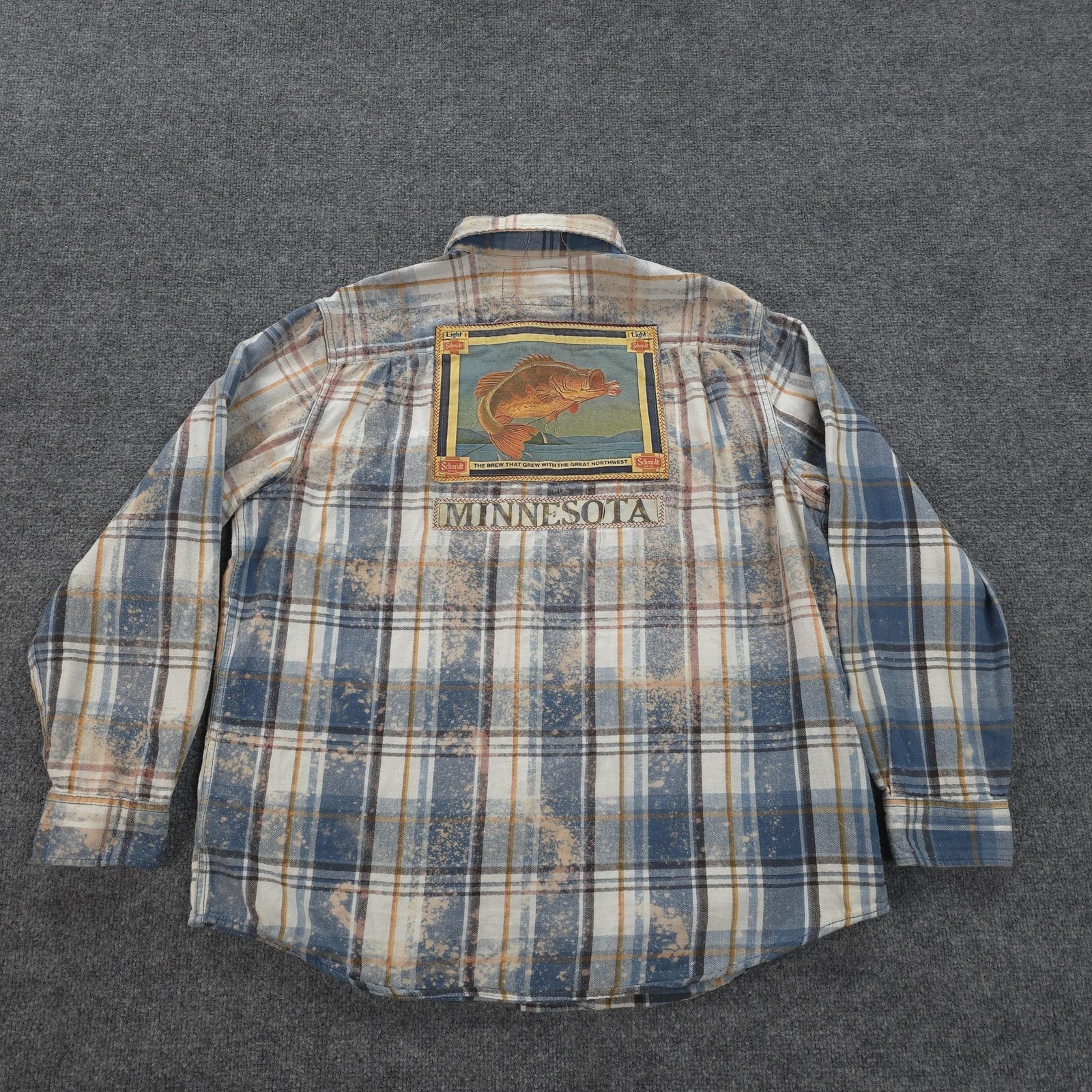 Angry Minnow Shirt Mens Xl Blue Plaid Schmidt Beer Fish Patch Minnesota Flannel